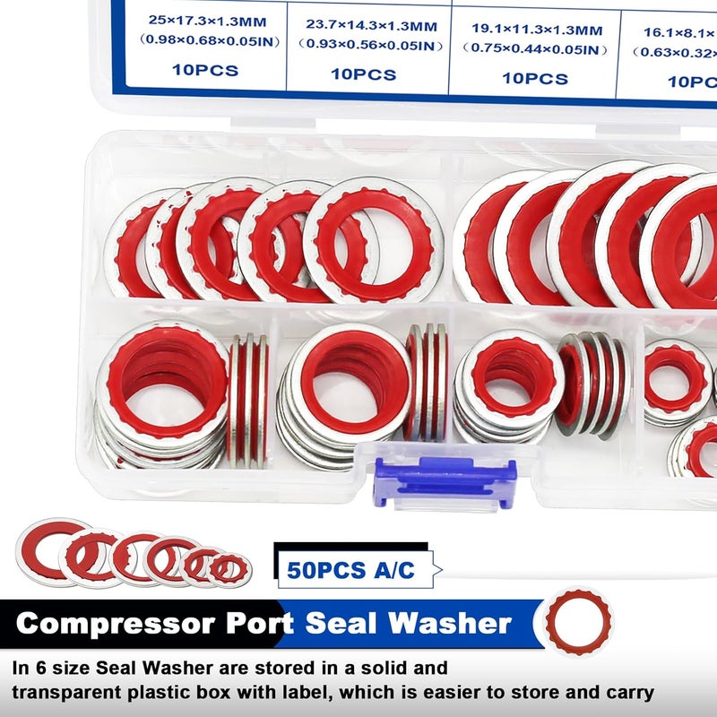 Daptemn 50PCS A/C O-Ring Assortment Kit, 6 Sizes Air Conditioning System Compressor Port Gasket Repairs Automotive Self-Centered Washer, Replace A/C Compressor Boned Seal Washer (ID: 8mm-17.5mm) (Red) - Image 3